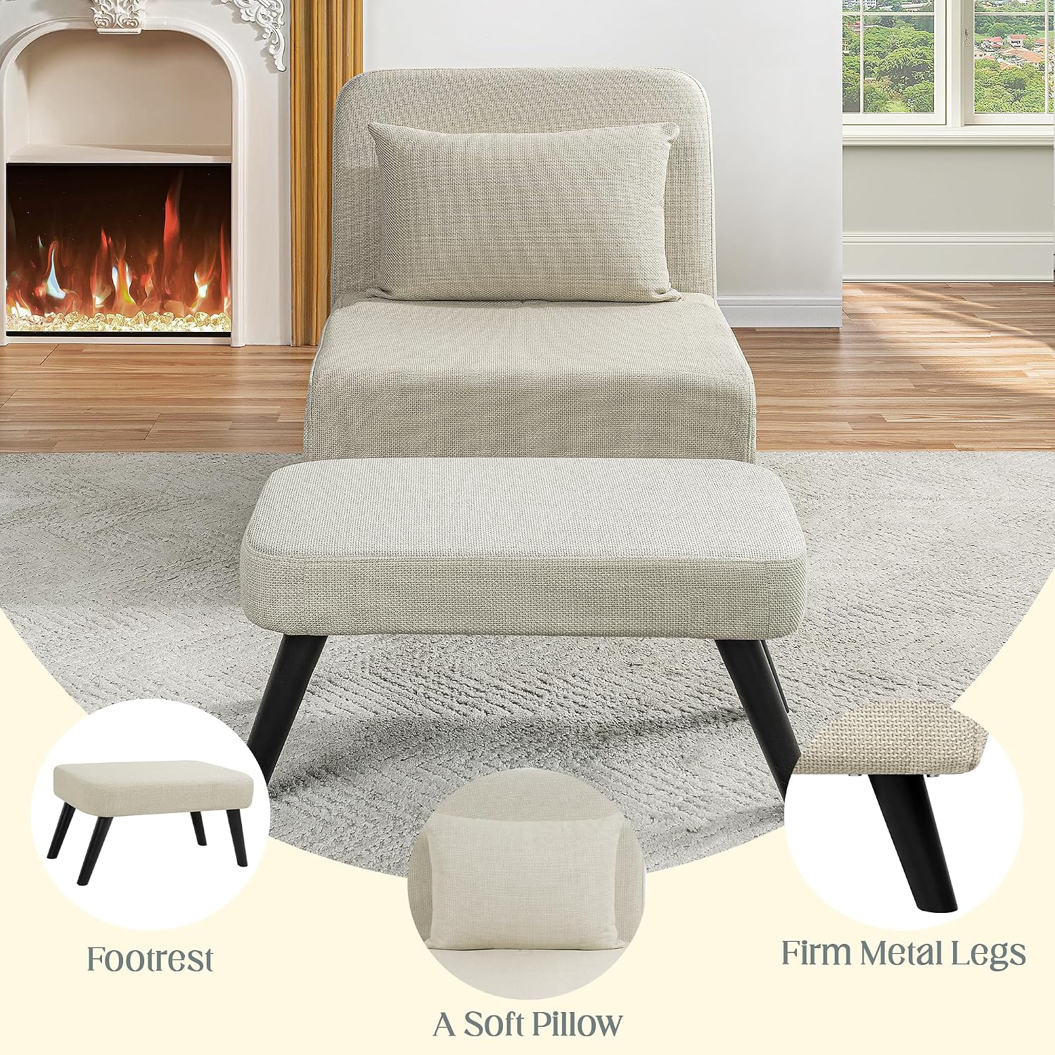 3 in 1 Foldable Sleeper Chair Bed, Convertible Sofa Bed with Adjustable Backrest, Footrest & Detachable Pillow, Linen Chaise Lounge, Accent Chair for Living Room, Bedroom and Office (Beige)