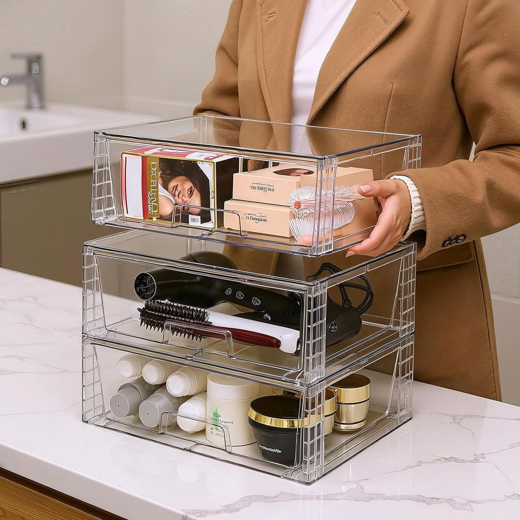 Wide Large Stackable Storage Drawers(2 Pack),Multi-purpose Clear Plastic Organizer Bins with Handles, Easy to Assemble for Bathroom Home Closet Under Sink Kitchen Pantry Medicine Cabinet