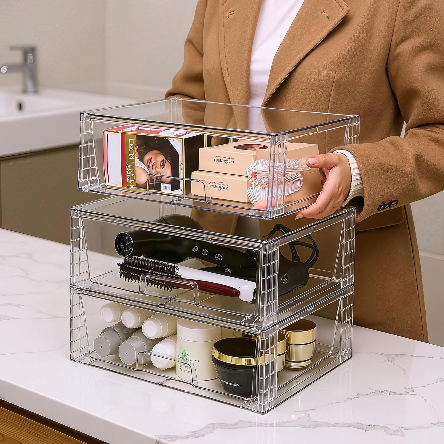 Wide Large Stackable Storage Drawers(2 Pack),Multi-purpose Clear Plastic Organizer Bins with Handles, Easy to Assemble for Bathroom Home Closet Under Sink Kitchen Pantry Medicine Cabinet