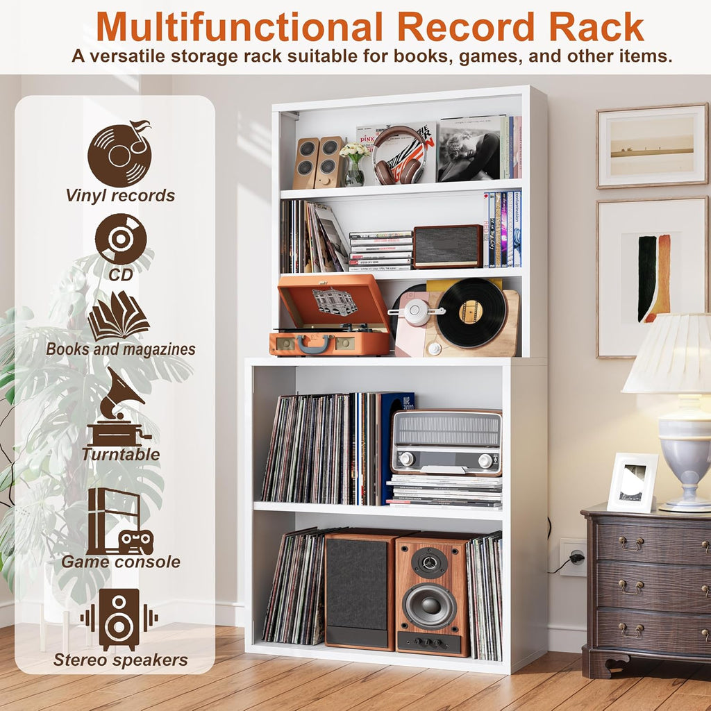 Record Player Stand with Dual Depth Design, CD Storage Rack, Media Storage Cabinet for Vinyl Records, DVDs, Comic Books & Video Games, Organizer Shelf for Living Room, Home Office, White