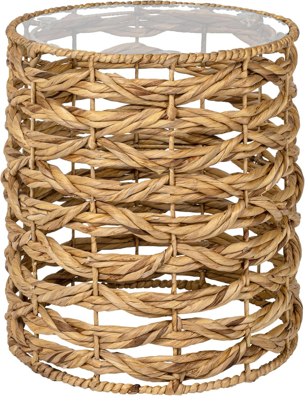 JONATHAN Y Malaya 16" Water Hyacinth Round End Table with Glass Top, Handwoven Wicker Accent Side Table for Living Room, Bohemian Nightstand for Small Spaces, Fully Assembled, Natural TBL2508A
