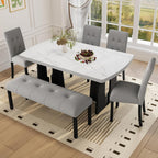 P PURLOVE Modern 6 Piece Dining Table Set, 63" Wood Faux Marble Dining Table with Geometric Legs, 4 Upholstered Chairs, 1 Bench for Dining Kitchen Room (White and Gray)