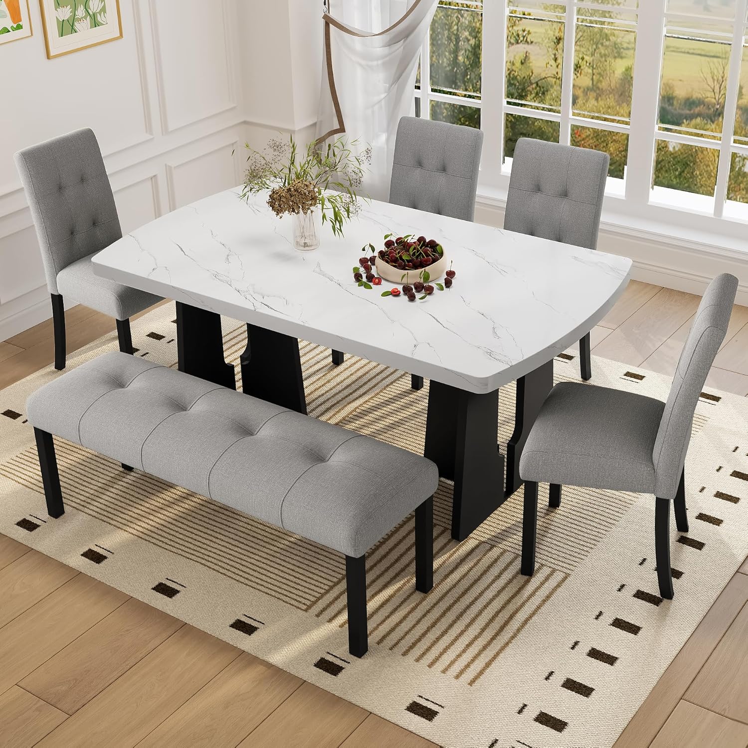 P PURLOVE Modern 6 Piece Dining Table Set, 63" Wood Faux Marble Dining Table with Geometric Legs, 4 Upholstered Chairs, 1 Bench for Dining Kitchen Room (White and Gray)