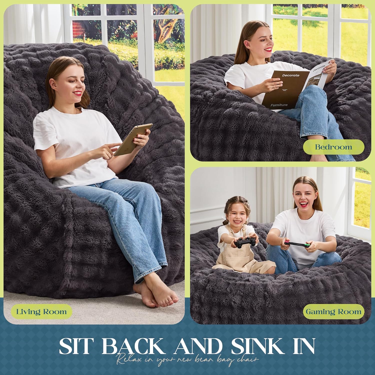 Hobestluk Bean Bag Chairs Beanbag Chair with Filler Adult Bean Bags with Fluffy & Machine Washable Cover, Giant Bean Bag Chairs for Aduts (Dark Grey, 3FT-36" x 36" x 22")