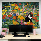 gsgfdshf Gustav Klimt Inspired Tuxedo Cat Wall Tapestry, Cat Room Decor, Colorful Floral Black and White Kitty Tapestry Wall Hanging for Bedroom Living Room Home Decor, 50x60 Inch
