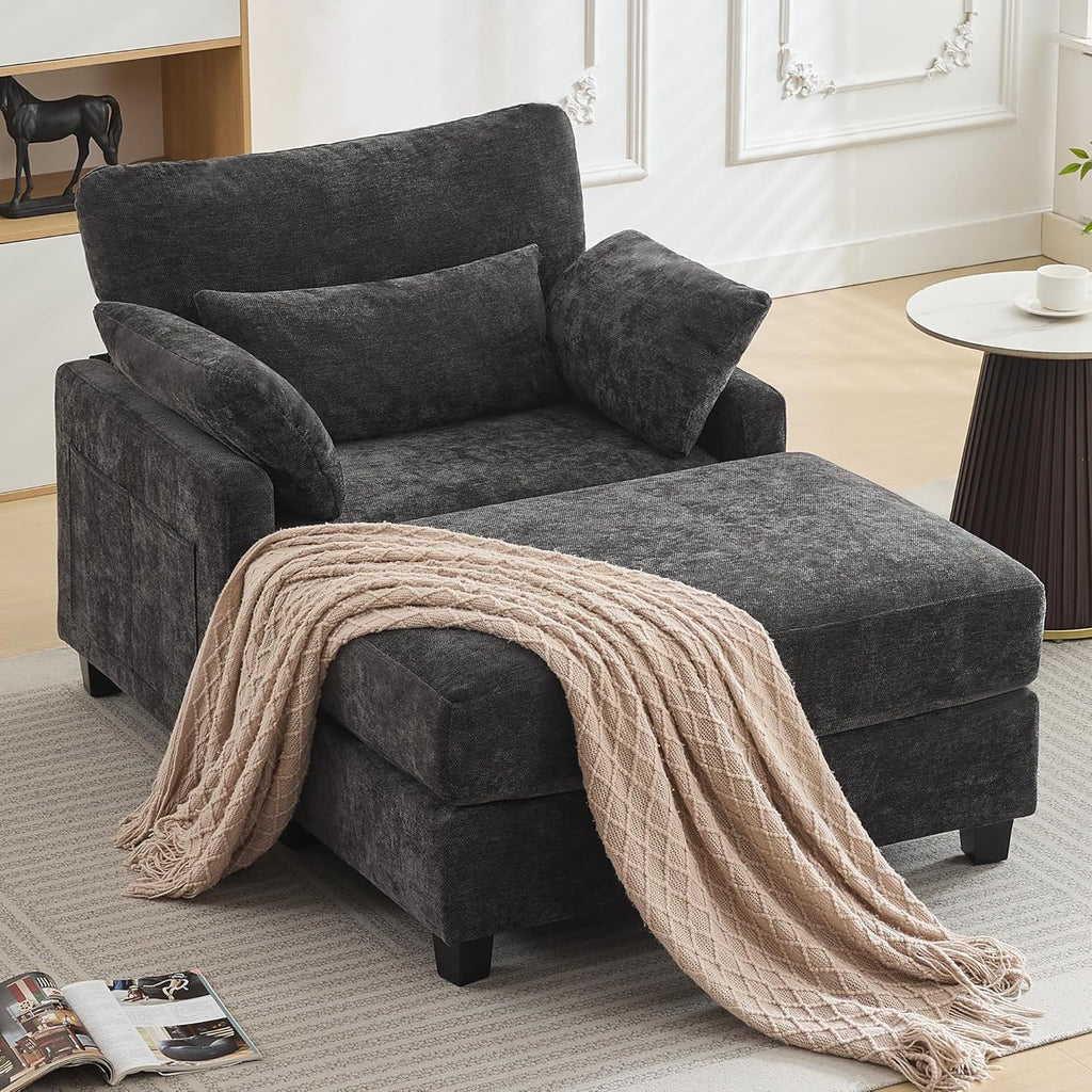 WUTUTUEE 57.5" Oversized Chaise Lounge with Ottoman Indoor, Grey Reading Chair with Ottoman & Sofa Bed, Chenille Upholstered Comfy Sleeper Chair for Living Room, Bedroom, Office