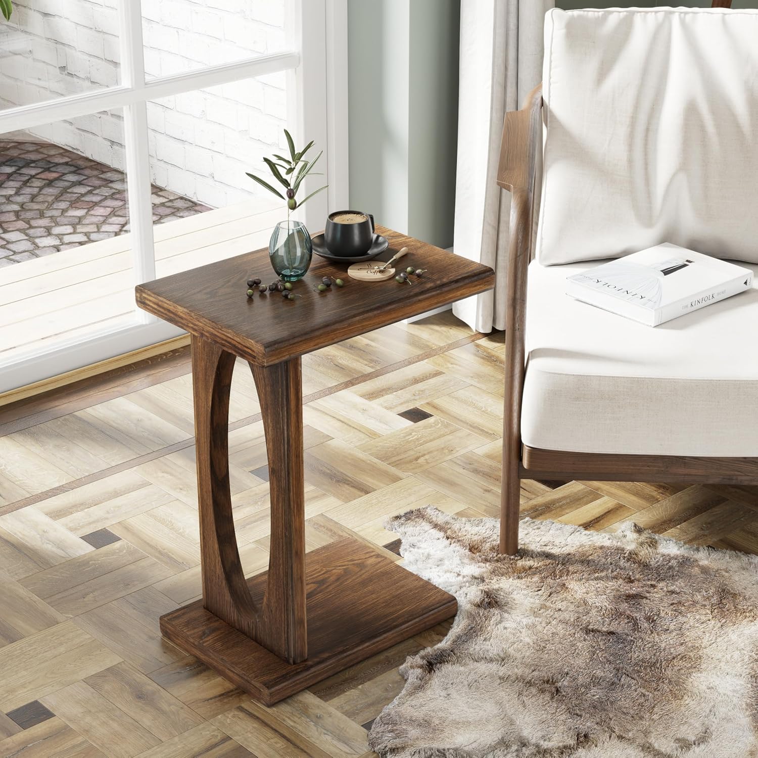 COZAYH Rustic C Shaped Side Table, Small Snack Sofa Side Table with Wood Frame for Living Room, Bedroom, Easy Assembly, Warm Brown Wood Color
