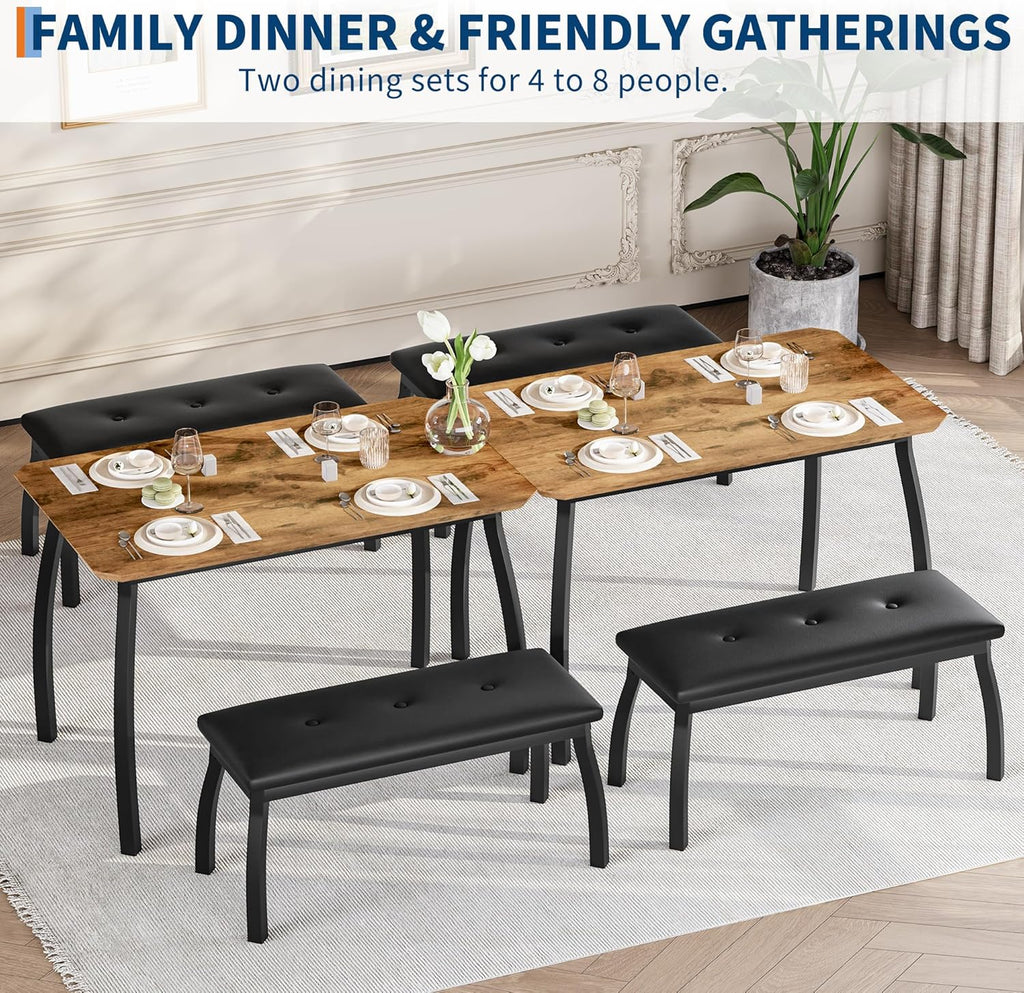 Dining Table for 4, 3-Piece Kitchen Table Set for 4 with Wooden Tabletop and Metal Frame, Industrial Kitchen Table with 2 PU Leather Benches for Bar, Dining Room, Restaurant(43''x28''x30''), Retro