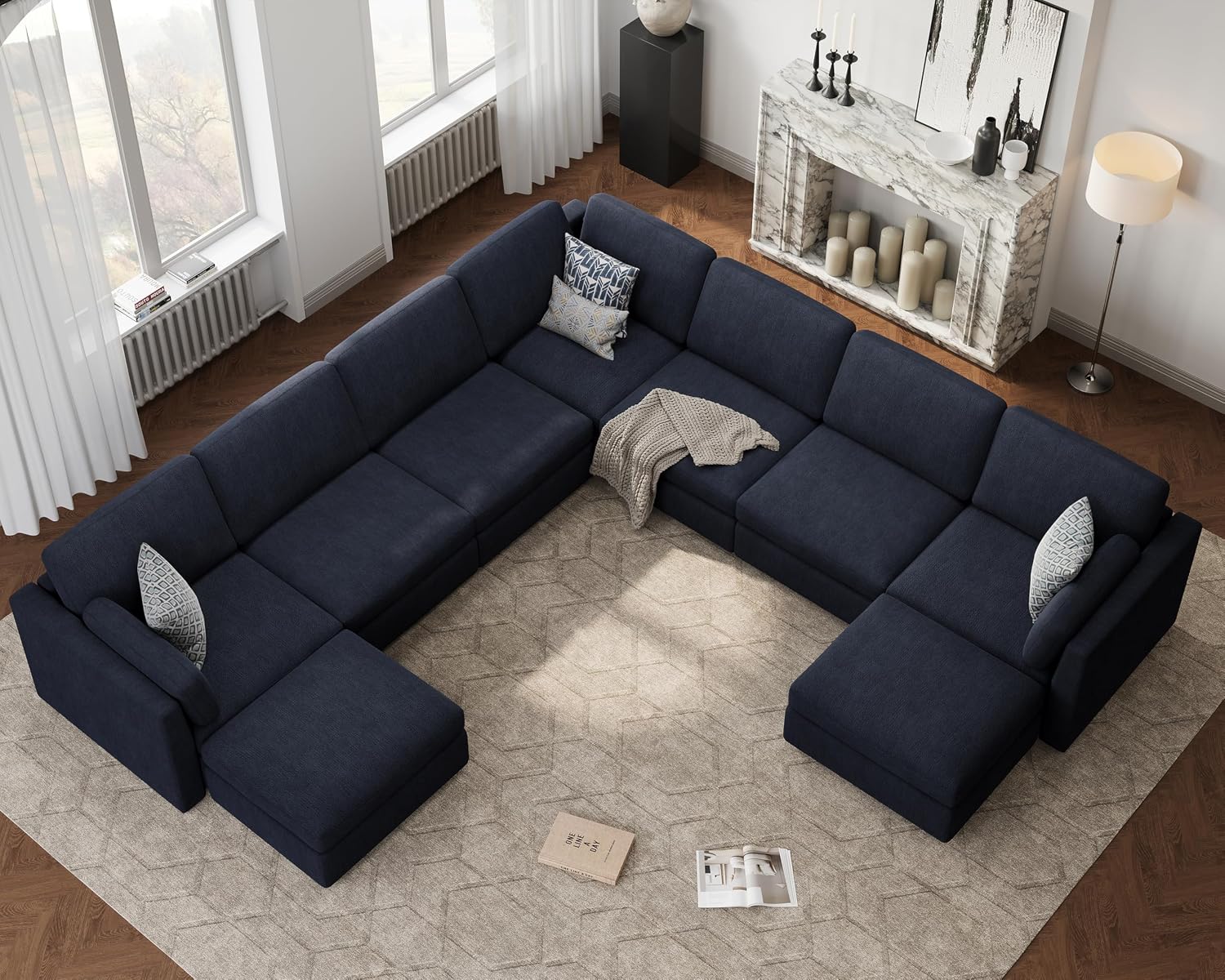 Oversized Modular Sectional Sofa, Blue 9 Seater Cloud U-Shaped Luxury Corner Sectional Couches for Living Room, Solid Wood Frame Sofa, Removable Washable Cover, Large chenille Deep Seat Couch
