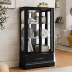 3-Tier Lighted Glass Curio Display Cabinet, 47" H Glass Storage Cabinet with Adjustable Shelves & 1 Drawer, Wooden Wine Accent Display Case with Mirrored Back Panel for Living Room (Black)
