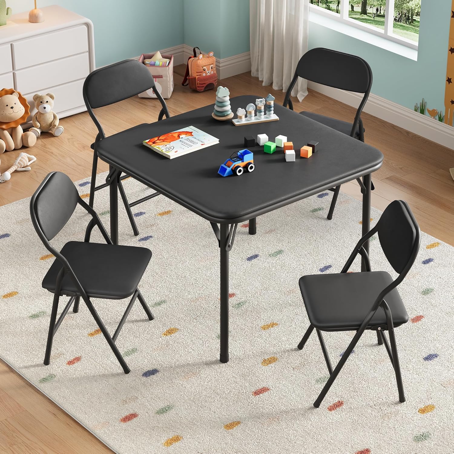 5 Piece Set Folding Card Table and Chairs, Portable Foldable Table with 2 PU Padded Chairs, Lightweight Dining Set for Indoor Outdoor, Camping, Parties, RV
