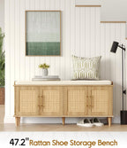Akxomel Rattan Shoe Storage Bench with Cushion, 2-Tier Entryway Bench with Adjustable Shelves and 4 Doors, 15" D x 47.2" W x 20" H, Solid Wood Legs, for Hallway, Living Room, Bedroom, Natural Oak