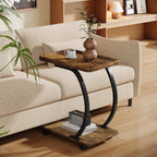 Tribesigns C-Shaped End Table, Industrial 2-Tier Small Side Table with Wheels, Wood Bedside Snack Couch Table with Metal Frame, for Living Room Small Spaces, Rustic Brown
