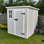 6x6 FT Resin Storage Shed, Waterproof Plastic Storage Shed with Floor & Window, All Weather Outside Tool Storage Cabinet with Lockable Doors and Vents for Bike, Garden, Backyard Lawn, Light Grey
