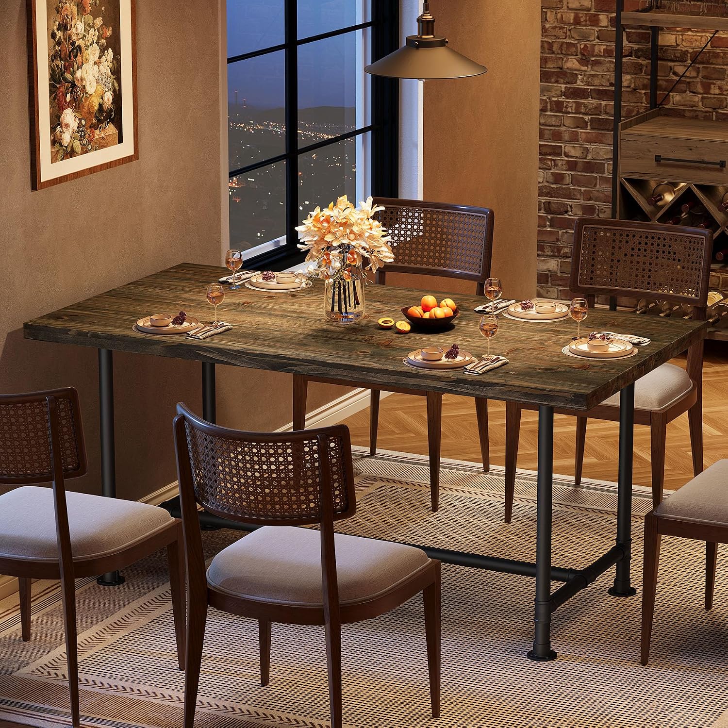 63-Inch Solid Wood Dining Table for 4-6, Industrial Large Kitchen Table with Metal Footrest, Rectangular Wooden Dinner Tables with Sturdy Metal Frame for Dining Room, Rustic Brown