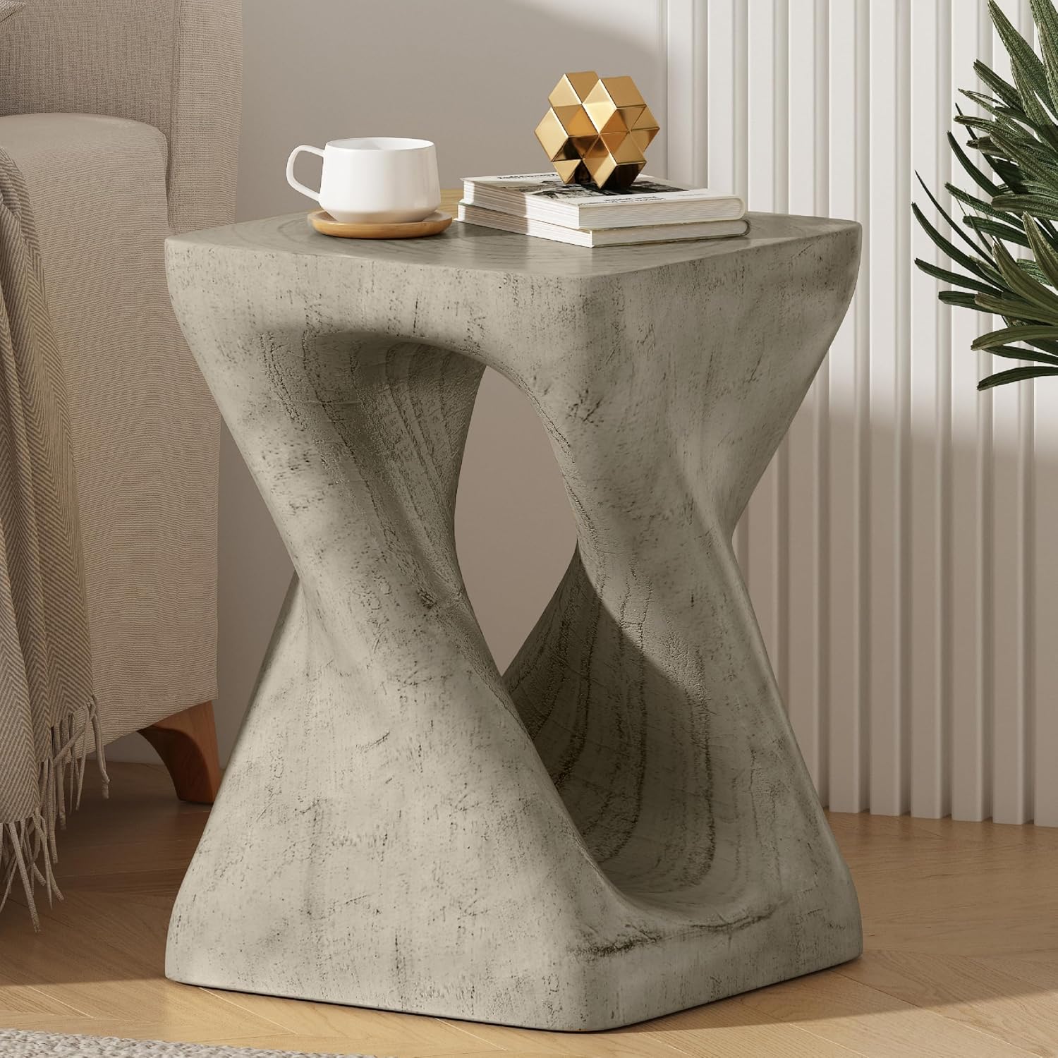 Merax Twist Shape MGO Accent Side Table, Unique Modern End Table with Wide Pedestal & Tabletop, Small Drink Tables for Living Room, Bedroom Night Stand Bedside Table, No Assembly Required, Grey
