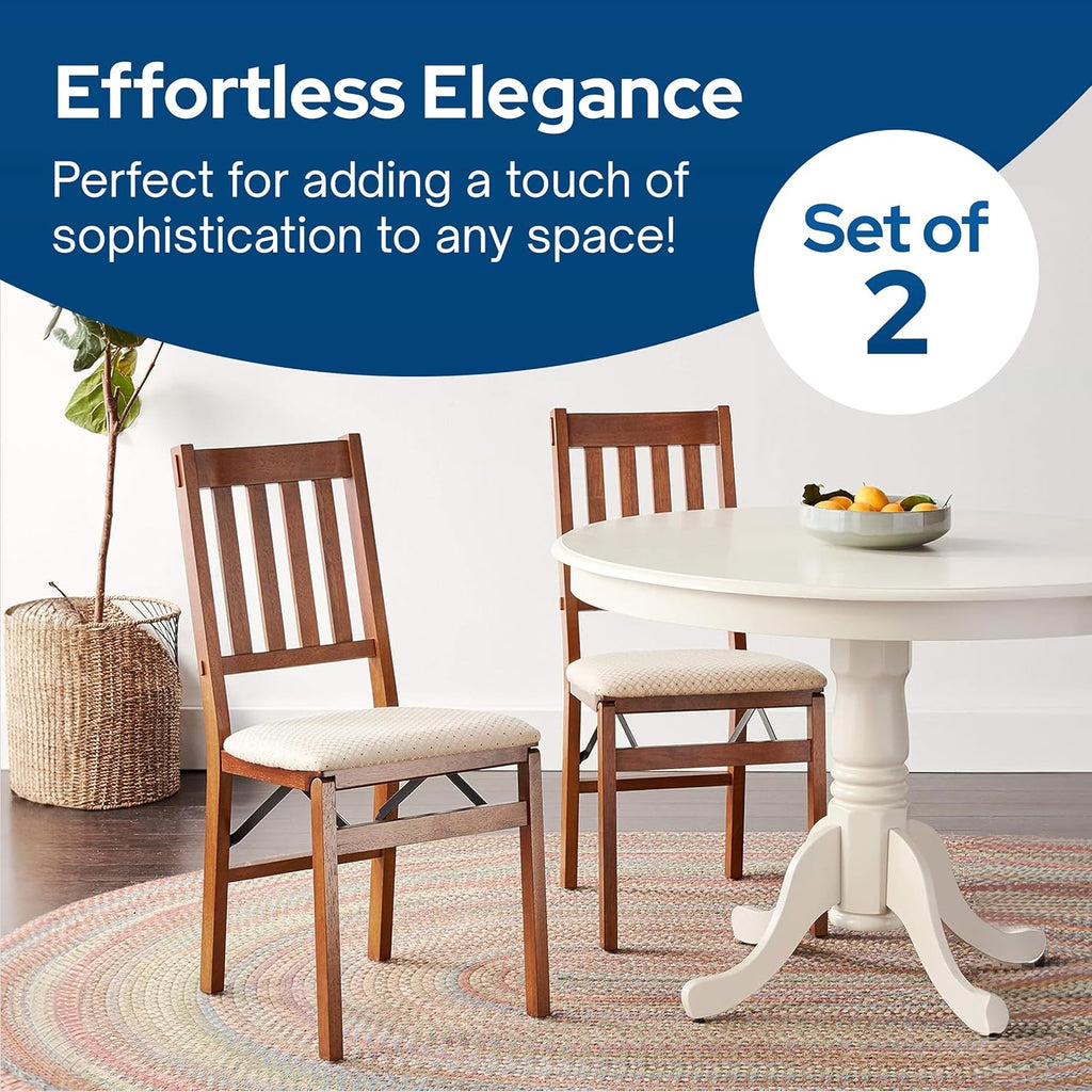 Stakmore Arts and Crafts Wooden Folding Chairs with Padded Seats, Set of 2 - No Assembly Foldable Dining Chairs, Steel Folding Mechanism, Upholstered Cushion, Space-Saving, Fruitwood Frame