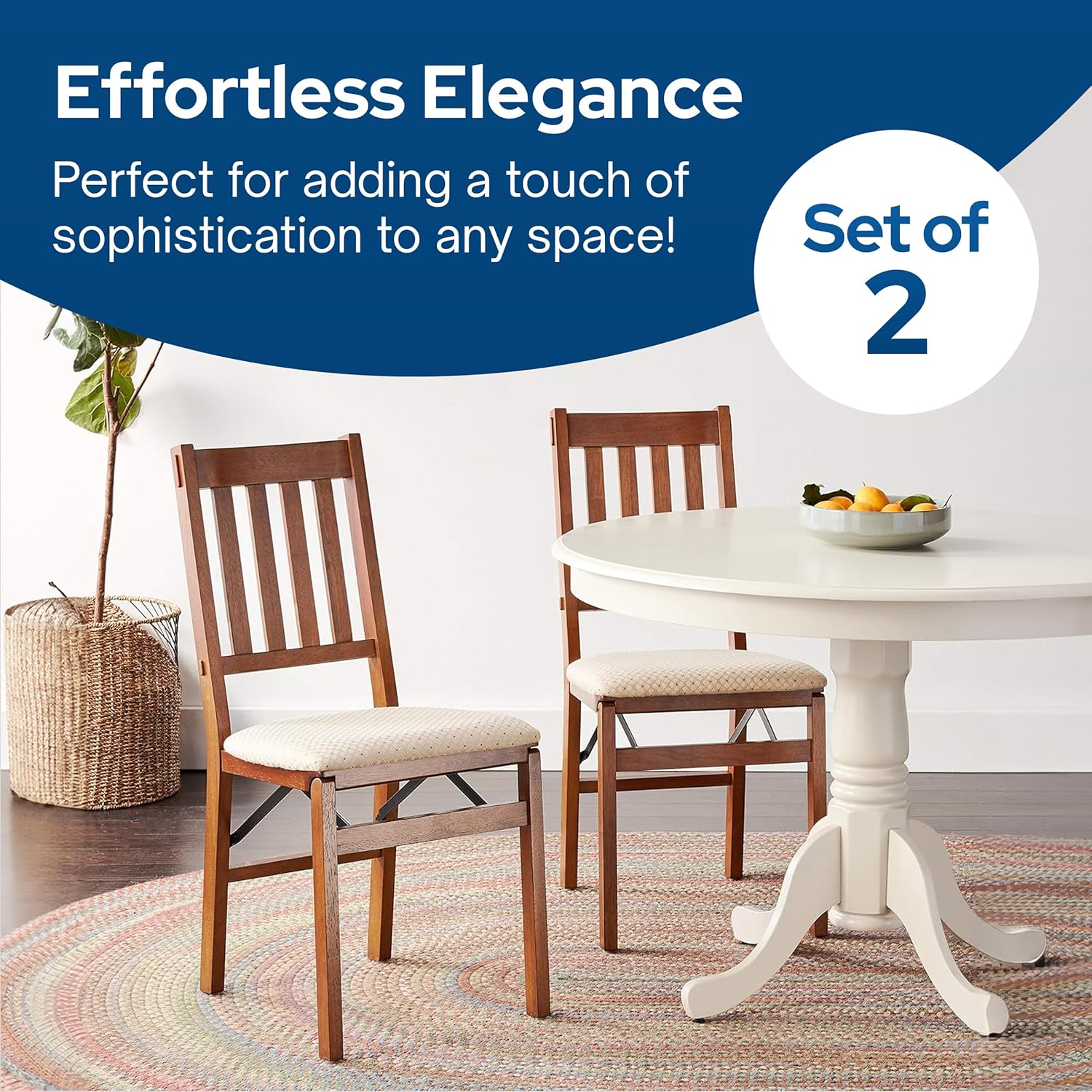 Stakmore Arts and Crafts Wooden Folding Chairs with Padded Seats, Set of 2 - No Assembly Foldable Dining Chairs, Steel Folding Mechanism, Upholstered Cushion, Space-Saving, Fruitwood Frame