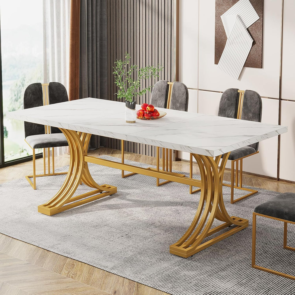 Tribesigns 63-Inch Rectangular Dining Table for 4 to 6, Modern Kitchen Table with Stylish Metal Legs, Large Dinner Tables for Dining Room, Only Table (Faux Marble White+Gold)
