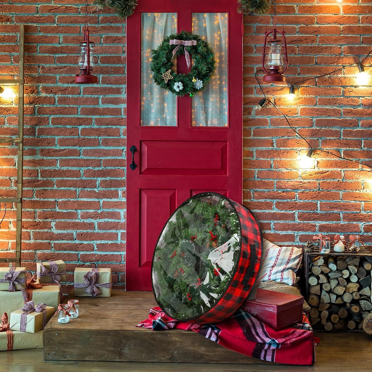 Kingdder 4 Pcs Christmas Wreath Storage Bags 30 Inch Xmas Garland Container Case with Clear Window Handles Zipper Black and Red Buffalo Plaid Wreath Box for Holiday Seasonal Storage
