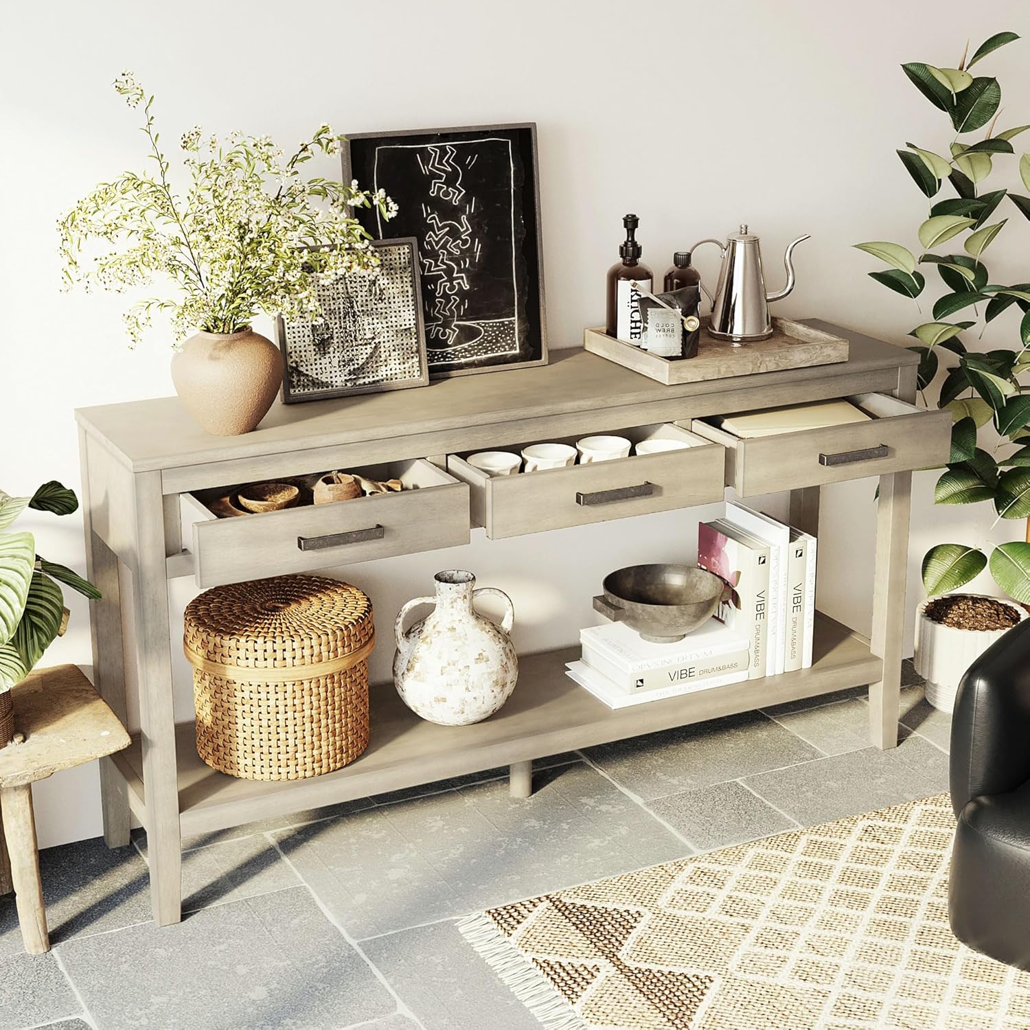 Modern Wood Console Table 59'' Extra Long Entryway Sofa Table with Drawers & Open Storage Shelf for Living Room Entrance Hallway (Gray)