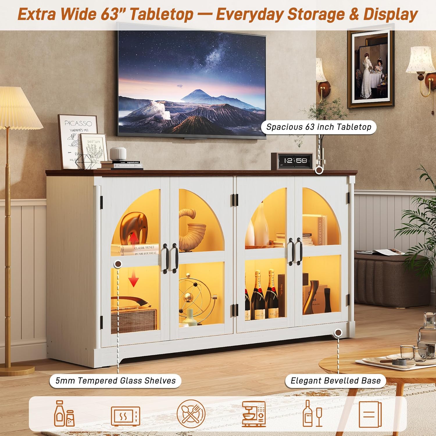 63 Inch Sideboard Buffet Cabinet,Modern Arched Buffet with Led Lights and Glass Doors,Kitchen Buffet Cabinet with Storage Large Curved Cabinets w/Adjustable Shelves for Living Room,Kitchen,White