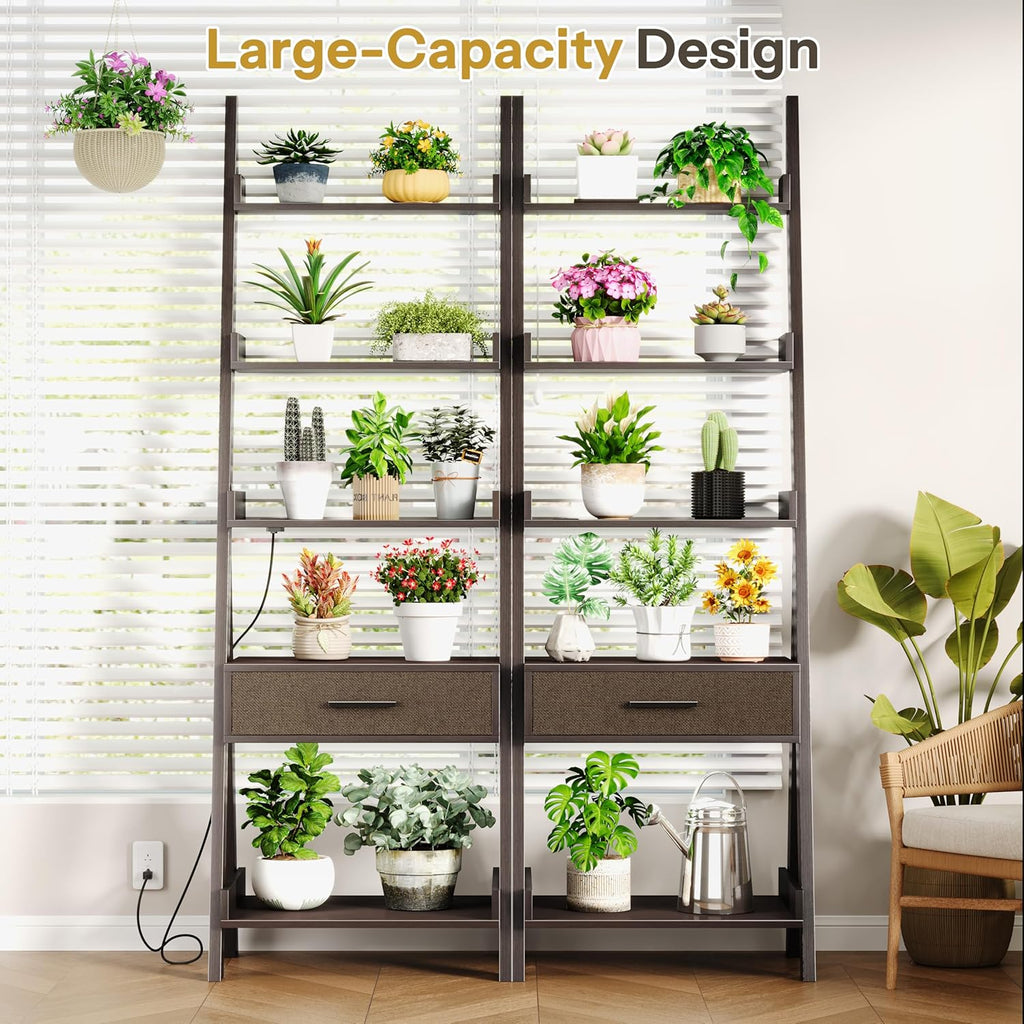 DynJest 5-Tier Bookshelf with Drawer, 70" Tall Ladder Shelf with Power Outlet &USB Fast Charging, Leaning Freestanding Shelves for Living Room, Home Office, Bedroom, Industrial Style, Espresso