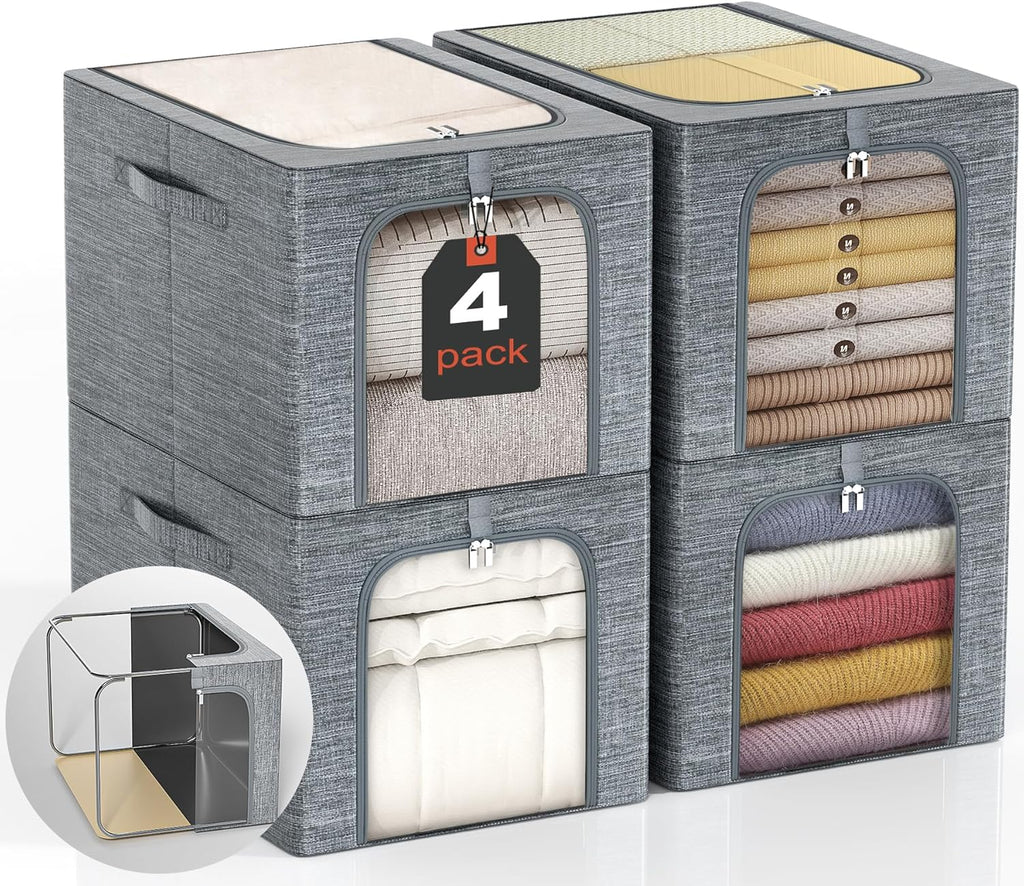 GoMaihe Clothes Storage Bins with Metal Frame, 4-Pack Closet Storage Bins with Lid & Clear Window, Sweater Boxes Organizer for Closet, Clothing Storage, Cationic Fabric 40L