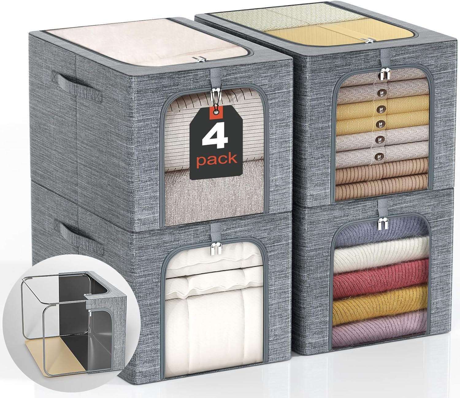 GoMaihe Clothes Storage Bins with Metal Frame, 4-Pack Closet Storage Bins with Lid & Clear Window, Sweater Boxes Organizer for Closet, Clothing Storage, Cationic Fabric 40L