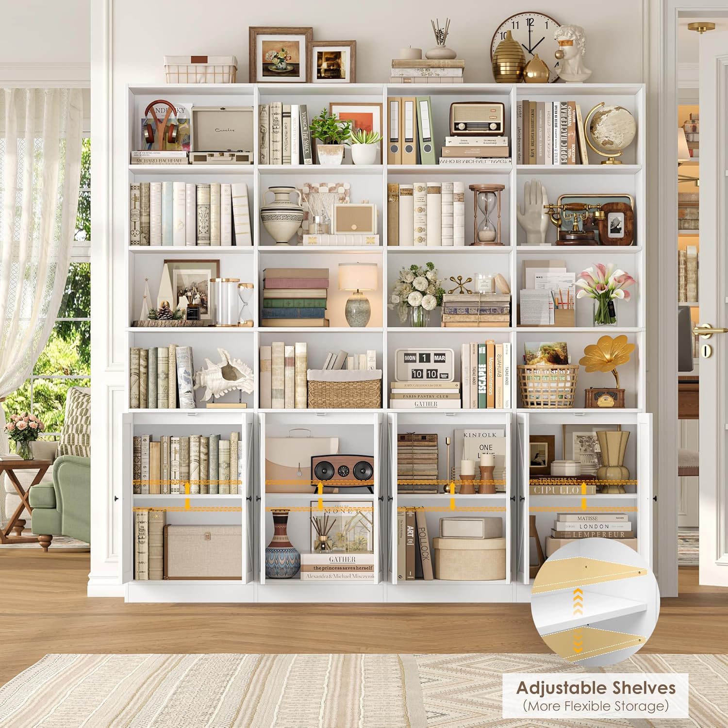 FACBOTALL 70.9" Wide Bookshelf, 6 Tier Farmhouse Bookshelf with 8 Doors, Large Bookcase with 18 Storage Shelves, Tall Bookshelves and Bookcases, Modern Bookshelves for Living Room, White