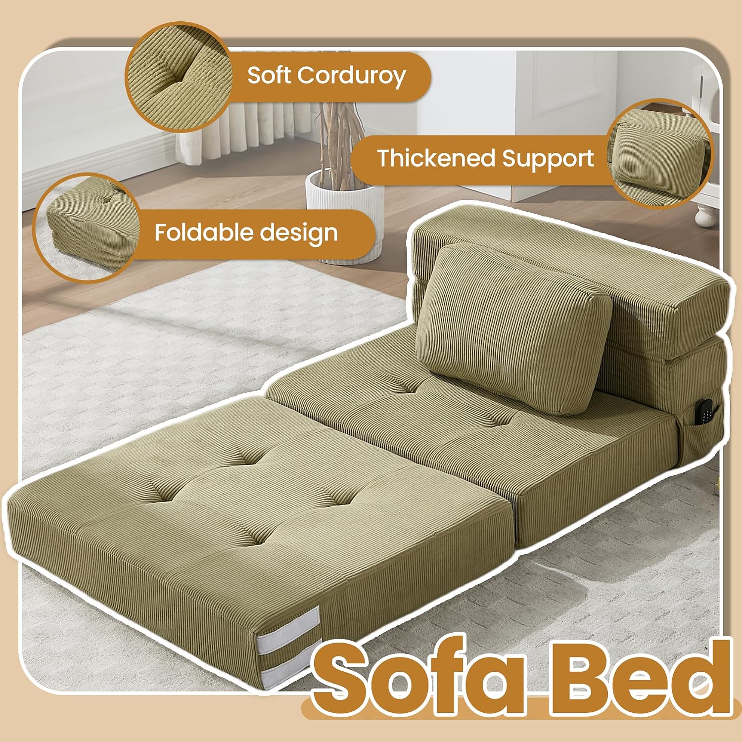 Folding Sofa Bed Convertible Sleeper Sofa with Pillow Modern Tufted Folding Couch Bed Lazy Chair Floor Futon for Living Room Bedroom Apartment Guest Room Green 32IN