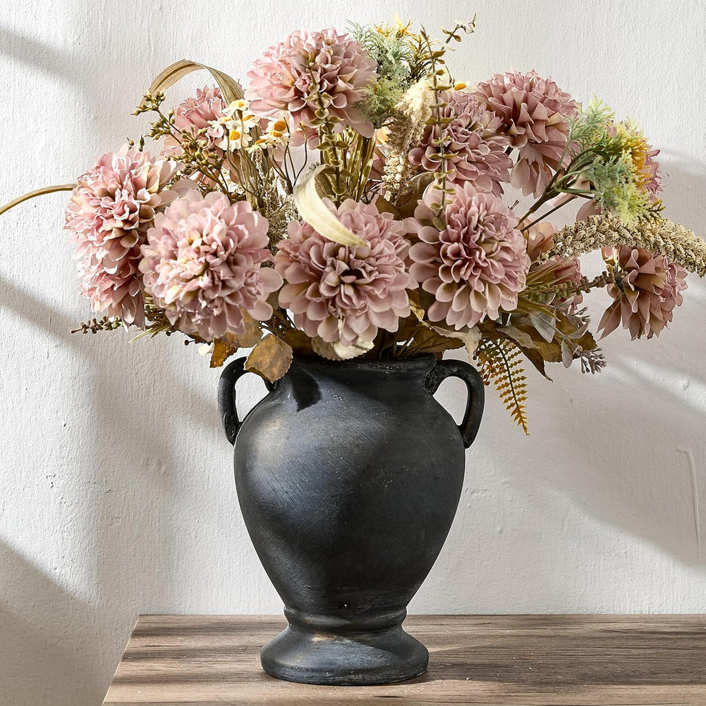 PORCER Ceramic Rustic Flower Vase with Handles, 8.36 Inch Tall Vintage Pottery Home Decor, Farmhouse Terracotta Vase for Living Room, Table, Shelf, Mantel Decoration, Farmhouse- Black Bronze