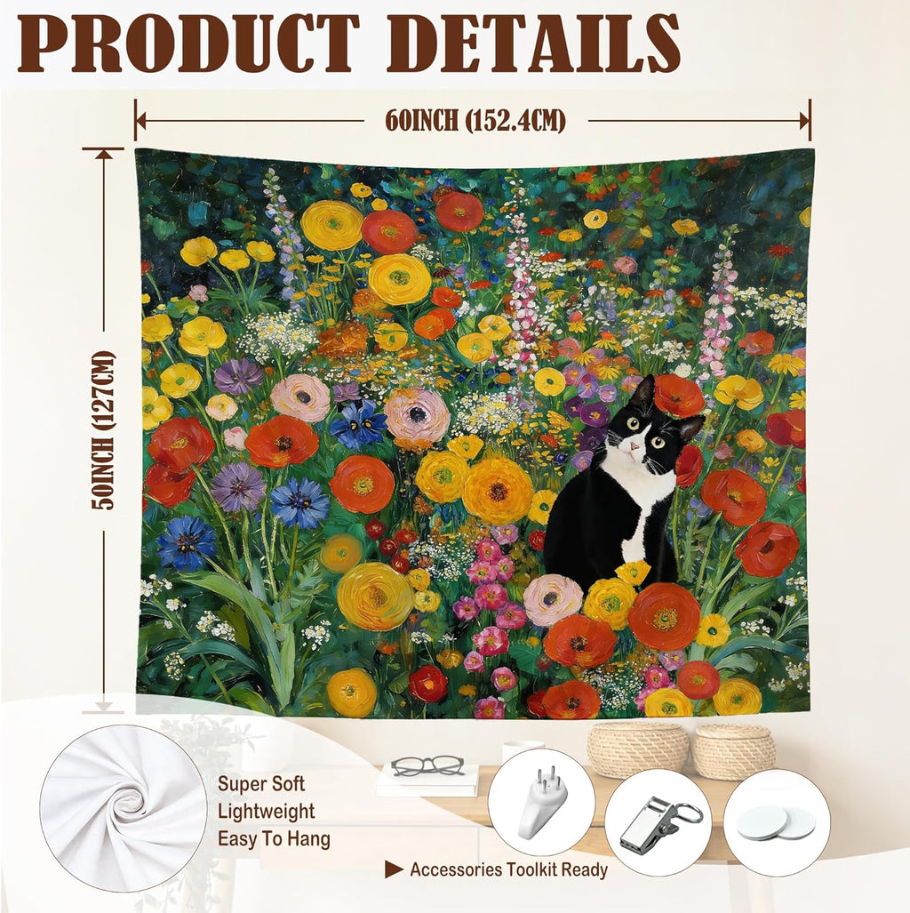 gsgfdshf Gustav Klimt Inspired Tuxedo Cat Wall Tapestry, Cat Room Decor, Colorful Floral Black and White Kitty Tapestry Wall Hanging for Bedroom Living Room Home Decor, 50x60 Inch