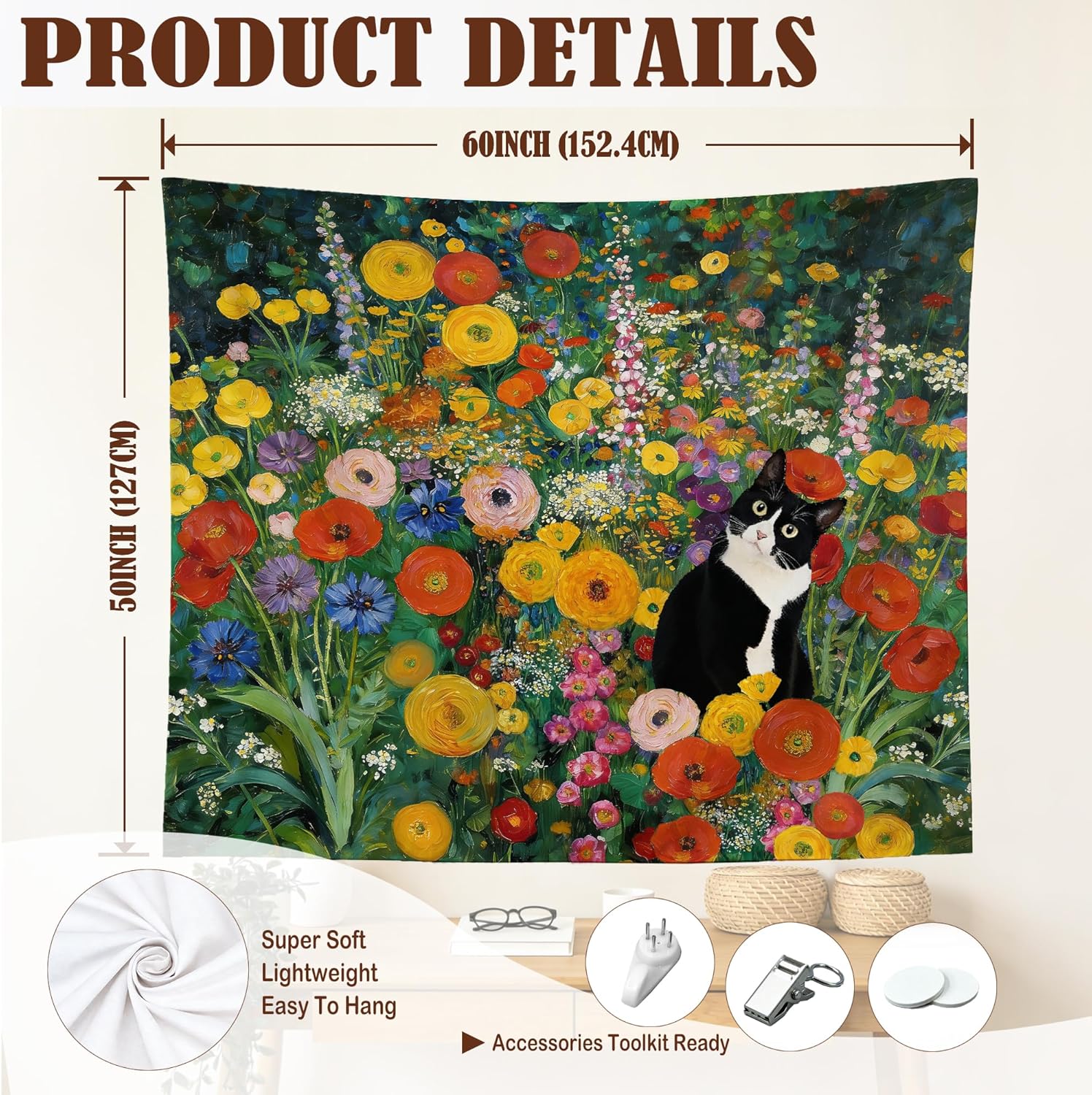 gsgfdshf Gustav Klimt Inspired Tuxedo Cat Wall Tapestry, Cat Room Decor, Colorful Floral Black and White Kitty Tapestry Wall Hanging for Bedroom Living Room Home Decor, 50x60 Inch