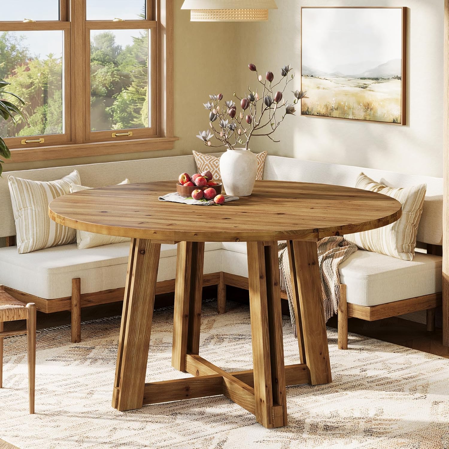 47.3" Solid Wood Dining Table for 4-6, Round Kitchen Table with Wood Legs, Farmhouse Kitchen & Dining Room Furniture, Brown