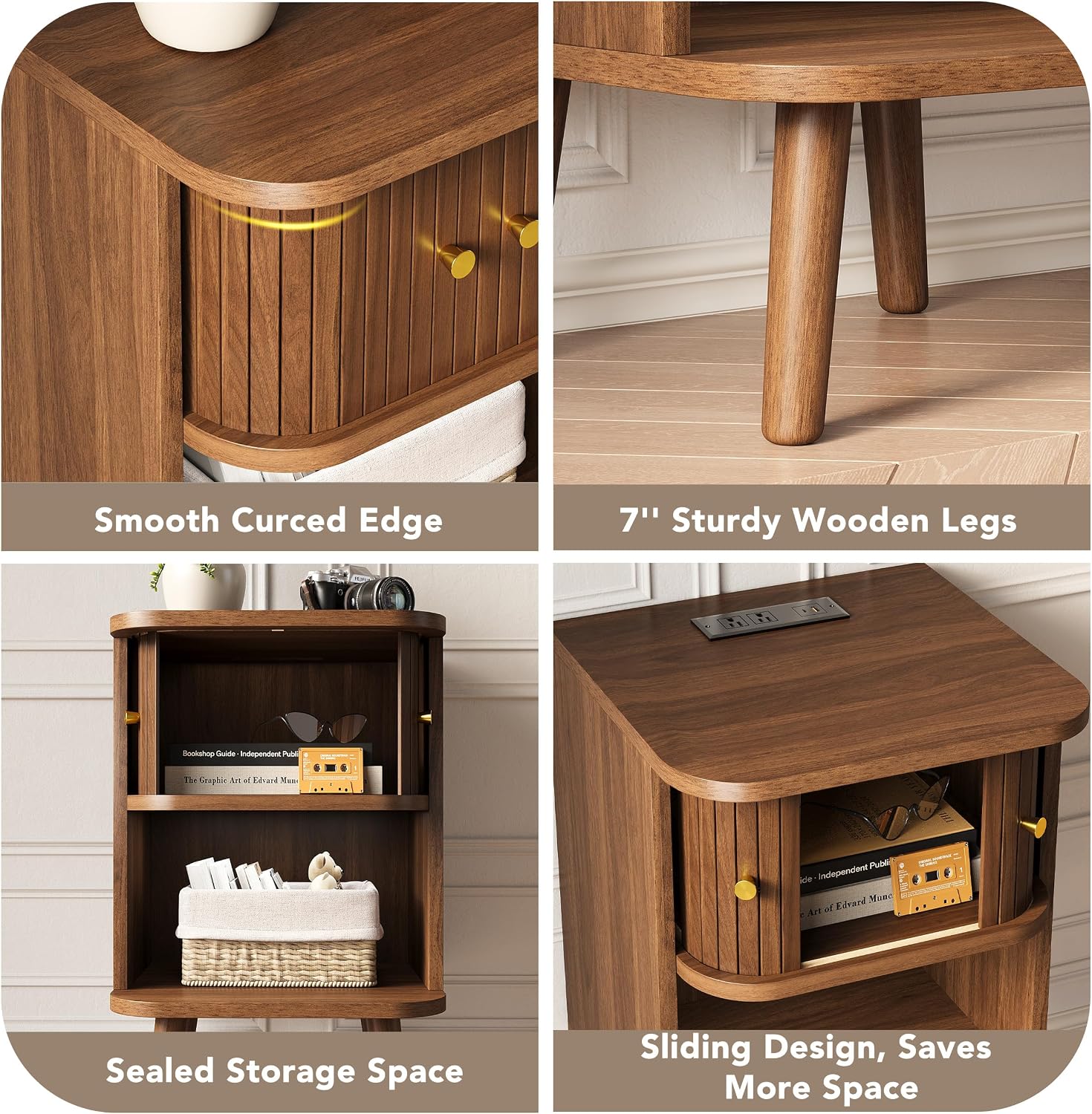 Decofy Mid Century Modern Nightstand Set of 2 with Charging Station, Walnut | Fluted Beside Table with Tambour Sliding Door & Open Shelf, End Table with Curved Corners Design, Wood Nightstand for Bedroom
