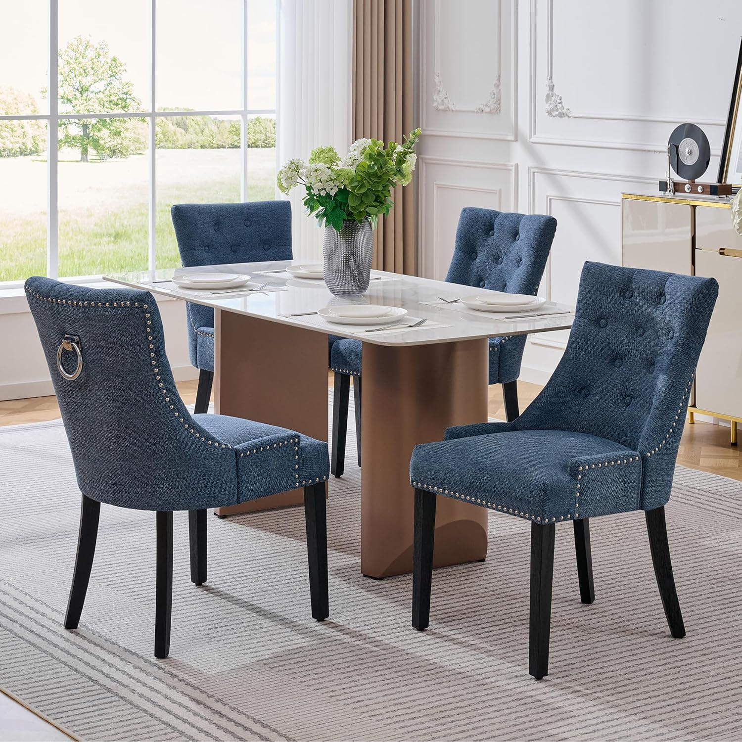 adochr Dining Chairs Set of 4, Upholstered Fabric Dining Room Chairs with Nailhead High Back & Ring Pull & Wooden Legs, Mid-Century Modern Kitchen Chairs for Restaurant, Living Room, Navy Blue
