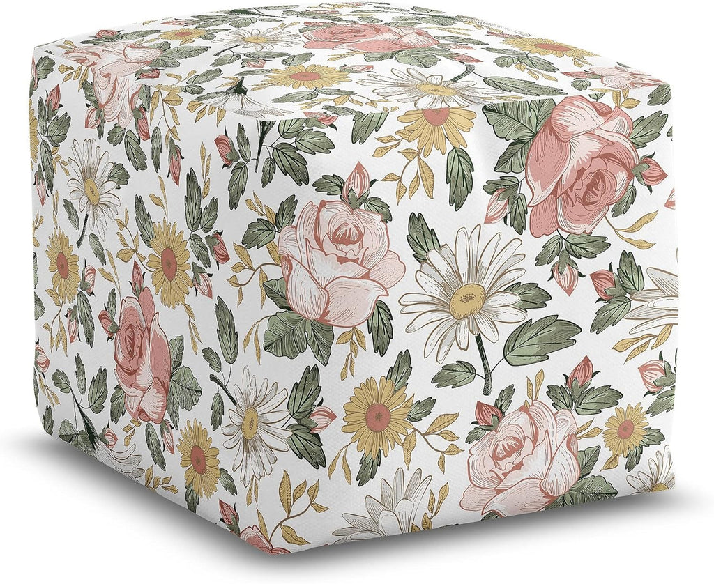 Sweet Jojo Designs Blush Pink Yellow Vintage Floral Boho Girl Ottoman Pouf Cover Unstuffed Poof Floor Footstool Square Cube Pouffe Storage Baby Nursery Kids Room Bohemian Shabby Chic Farmhouse White