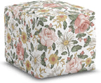 Sweet Jojo Designs Blush Pink Yellow Vintage Floral Boho Girl Ottoman Pouf Cover Unstuffed Poof Floor Footstool Square Cube Pouffe Storage Baby Nursery Kids Room Bohemian Shabby Chic Farmhouse White