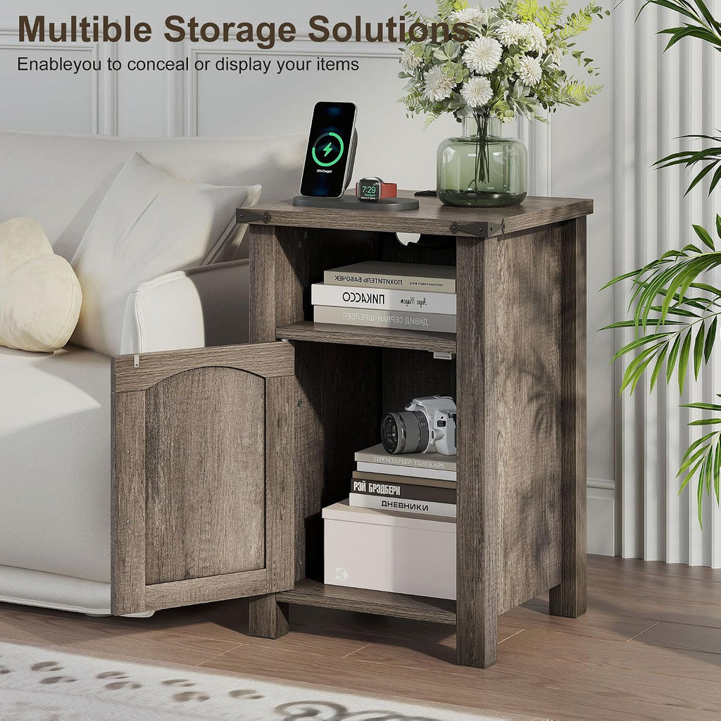 Farmhouse Nightstand with Charging Station, Set of 2 End Table with USB/Type-C Ports and Power Outlets, Rustic Bedside Table with Large Storage and Open Shelf, Modern Side Table for Bedroom, Gray