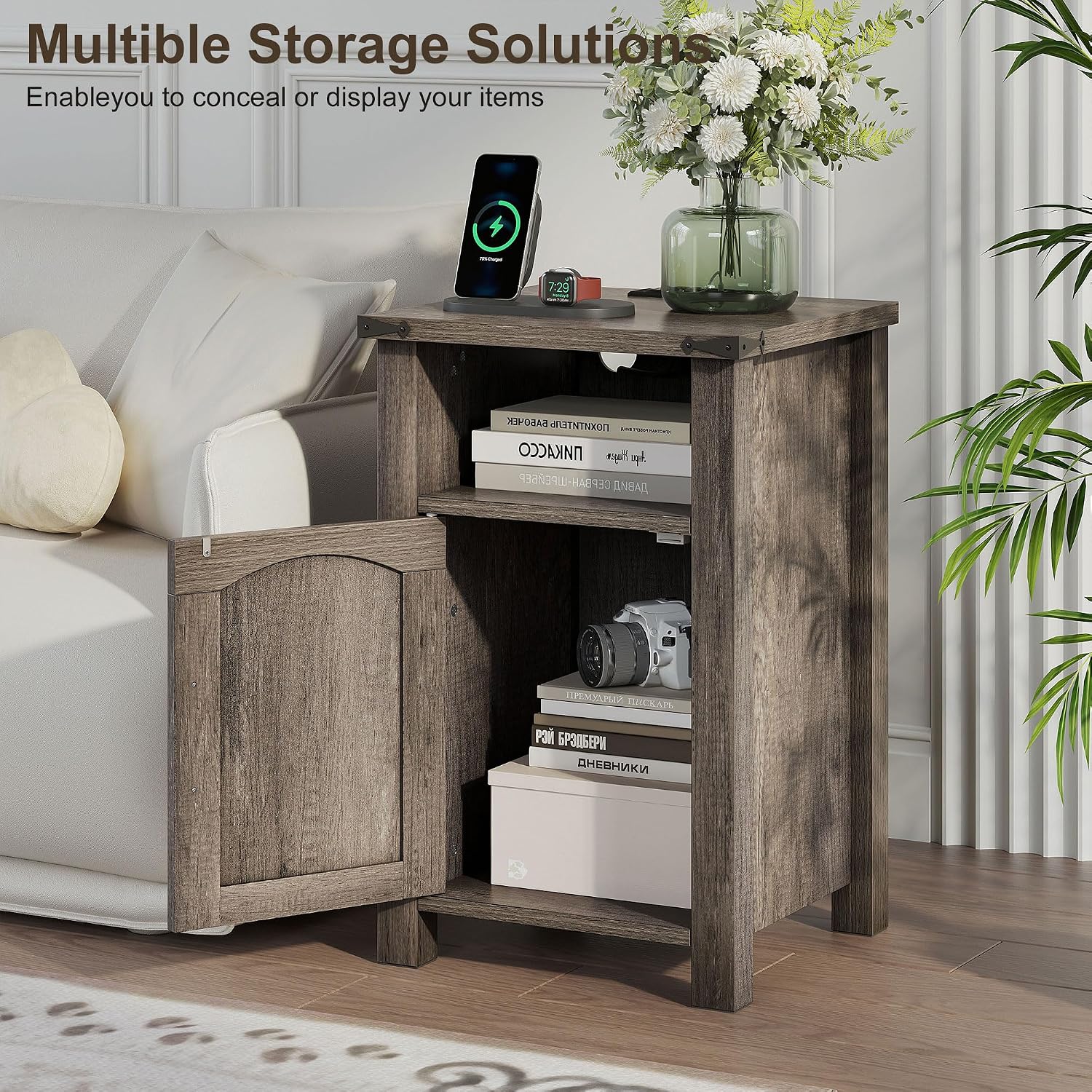 Farmhouse Nightstand with Charging Station, Set of 2 End Table with USB/Type-C Ports and Power Outlets, Rustic Bedside Table with Large Storage and Open Shelf, Modern Side Table for Bedroom, Gray