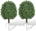 Artificial Boxwood Topiary Trees Outdoor Set of 2, UV Resistant Faux Outdoor Plants with Metal Ground Stakes, Evergreen Boxwood Ball Bushes for Front Porch Patio Garden Entryway Decor