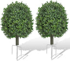 Artificial Boxwood Topiary Trees Outdoor Set of 2, UV Resistant Faux Outdoor Plants with Metal Ground Stakes, Evergreen Boxwood Ball Bushes for Front Porch Patio Garden Entryway Decor
