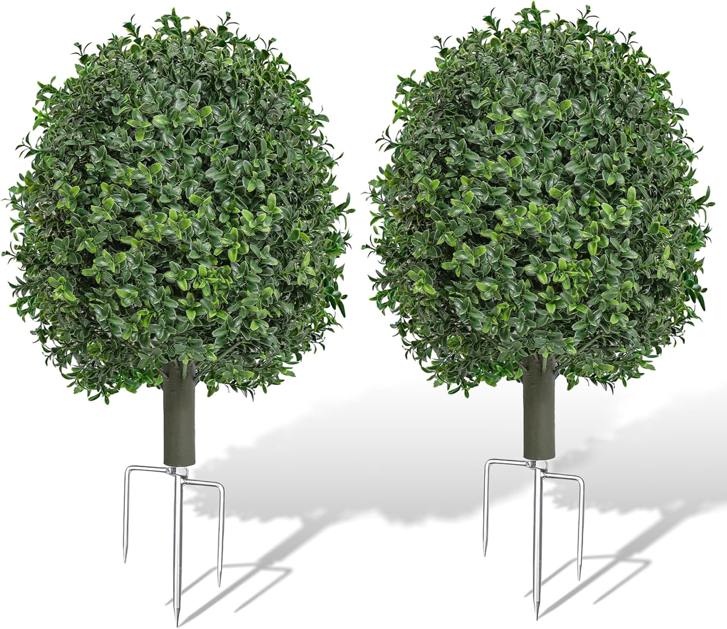 Artificial Boxwood Topiary Trees Outdoor Set of 2, UV Resistant Faux Outdoor Plants with Metal Ground Stakes, Evergreen Boxwood Ball Bushes for Front Porch Patio Garden Entryway Decor