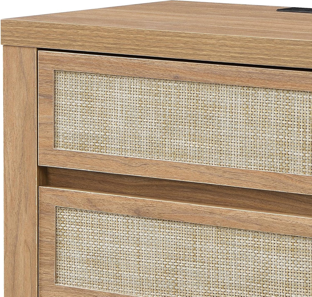 XIAO WEI 23.6“W 3 Drawer Set of 2 Rattan Nightstand with Charging Station, Boho Bedside Table, Tall End Table for Bedroom, Wood Accent Bed Side Table with Storage, Reclaimed Light Oak