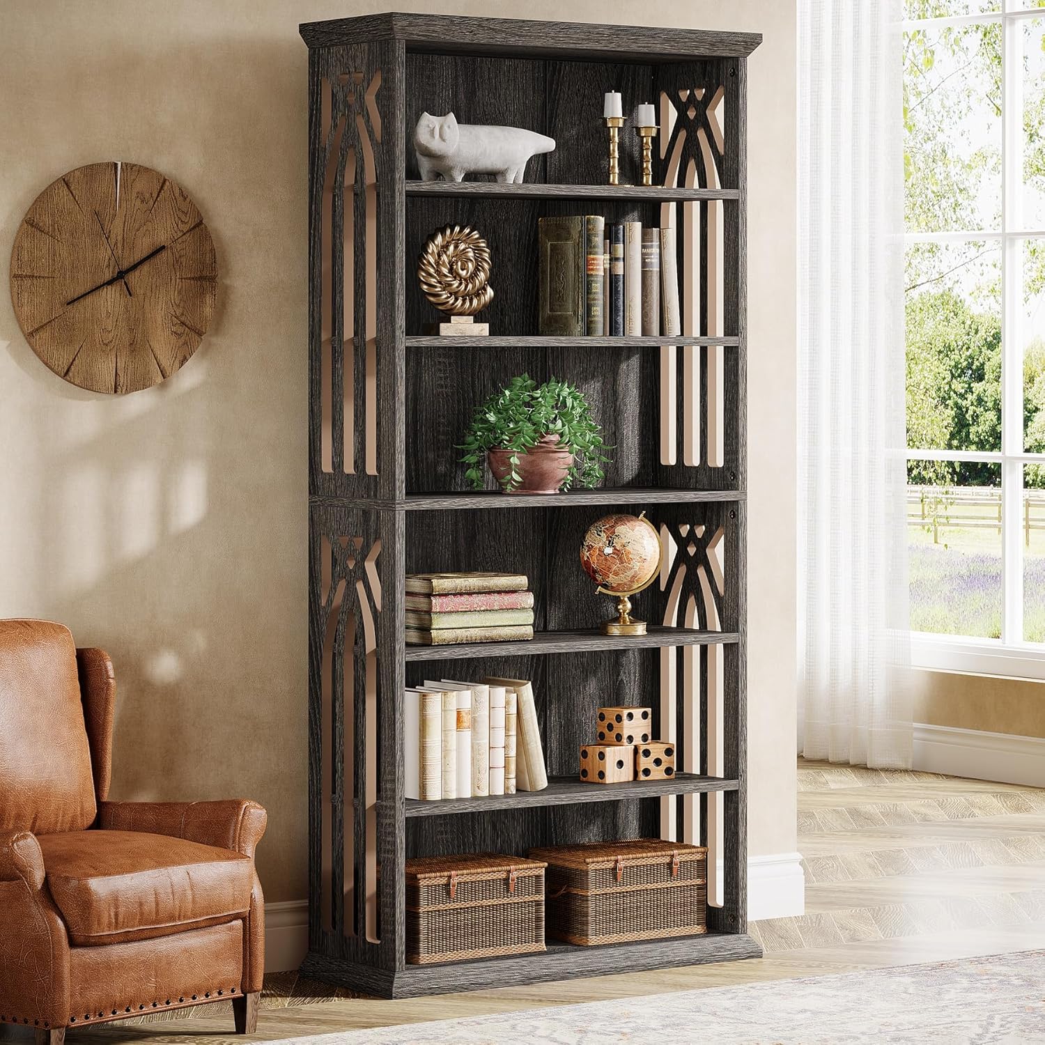 Tribesigns 6-Tier Gray Bookshelf, 75-Inch Tall Bookcase, Large Bookshelves and Bookcases Freestanding Display Shelves, Wood Book Shelf for Living Room, Home Office, Bedroom, Gray