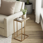 Farmhouse C Shaped End Table with Distressed Wood & Metal Woven Tray Top, Modern Slim Snack Side Table with Metal Base, Gold