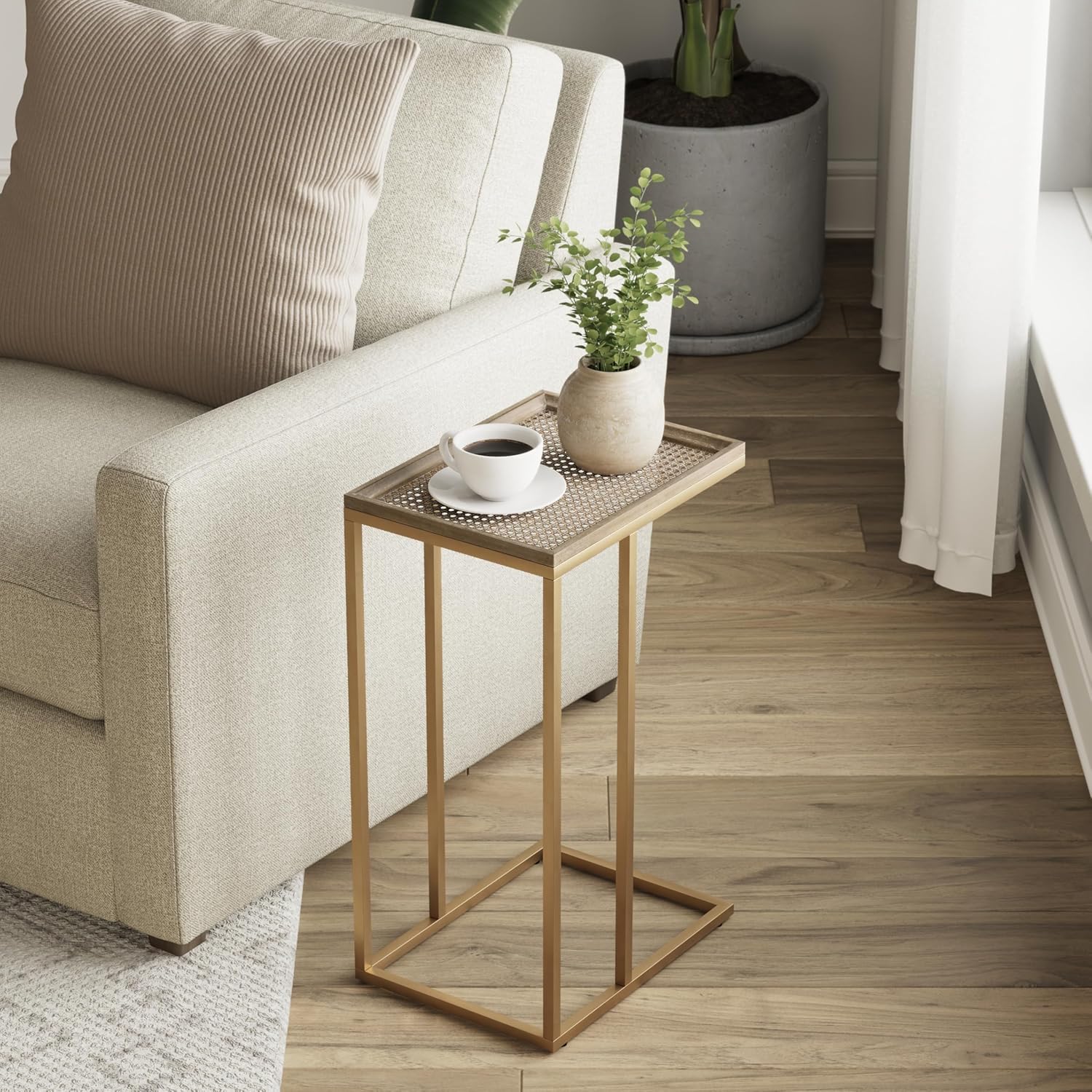 Farmhouse C Shaped End Table with Distressed Wood & Metal Woven Tray Top, Modern Slim Snack Side Table with Metal Base, Gold