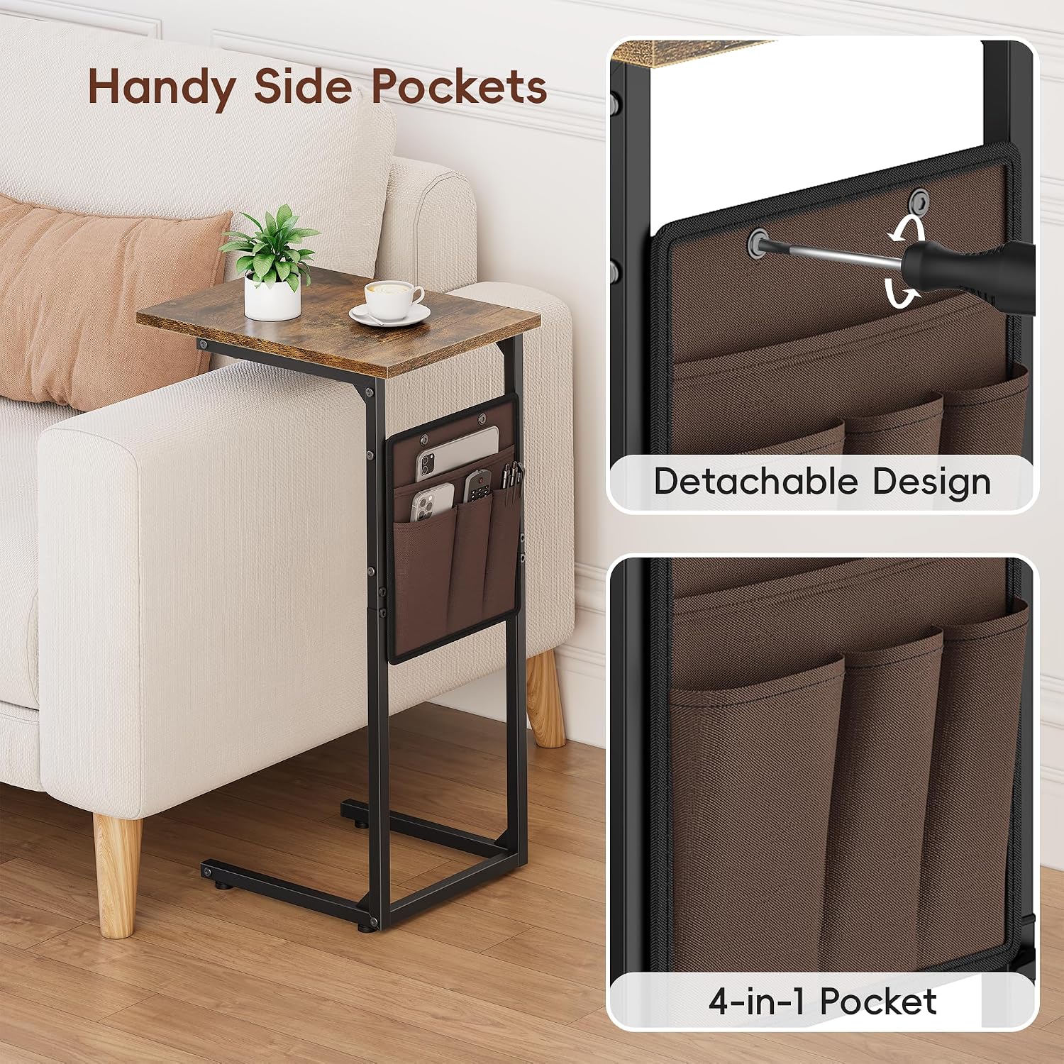 Vagusicc C Shaped End Table, Small Side Table for Couch, Tall Couch Side Table C Table for Small Space, TV Tray Slide Under Sofa Snack Table with Metal Frame for Living Room, Bedroom, Bedside, Brown