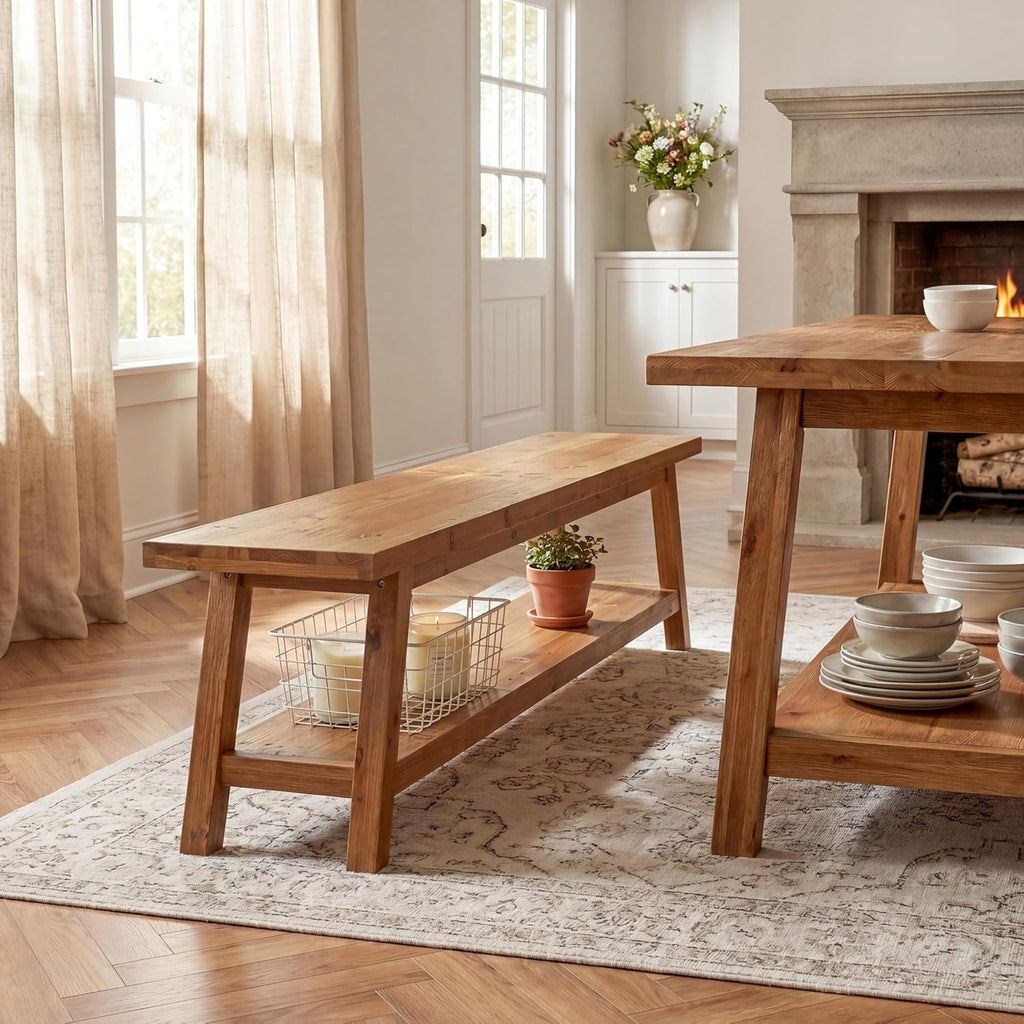 Tribesigns Farmhouse Solid Wood Dining Bench, 63-Inch Rustic Indoor Bench with Lower Storage Shelf for Dining Room, Kitchen, Living Room, Entryway, Natural Wood Finish (1)
